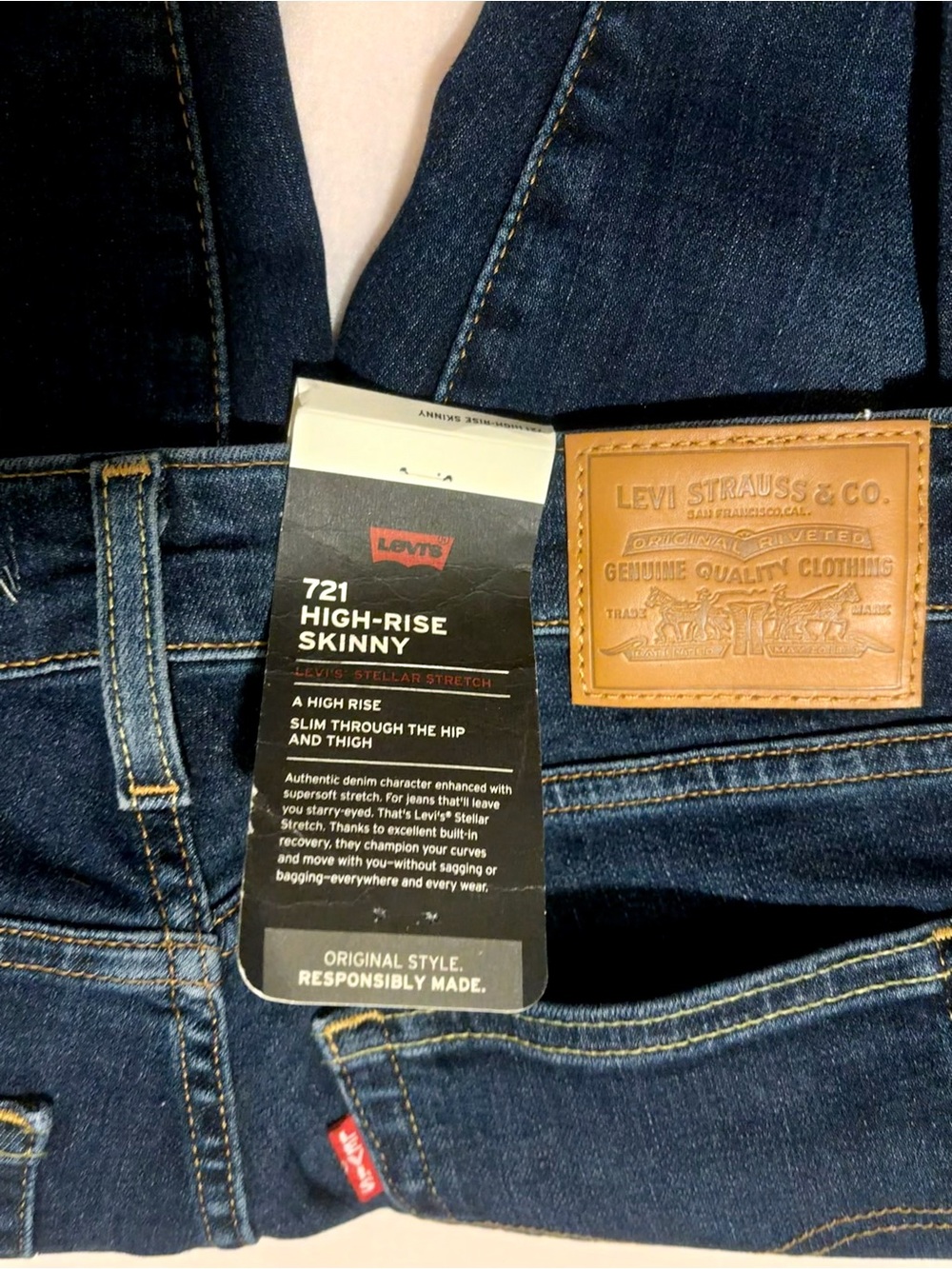 Levi's Skinny Jeans in Dark Indigo with Tan Leather Patch
